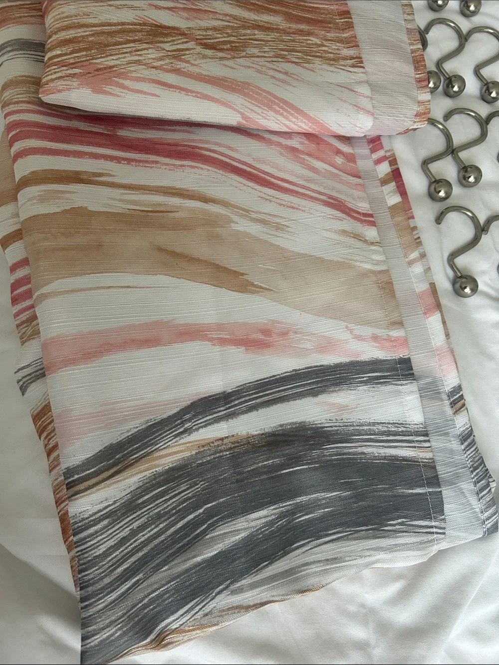 Shower Curtain fabrics white gray, taupe with silver rings. Mainstay, pre owned